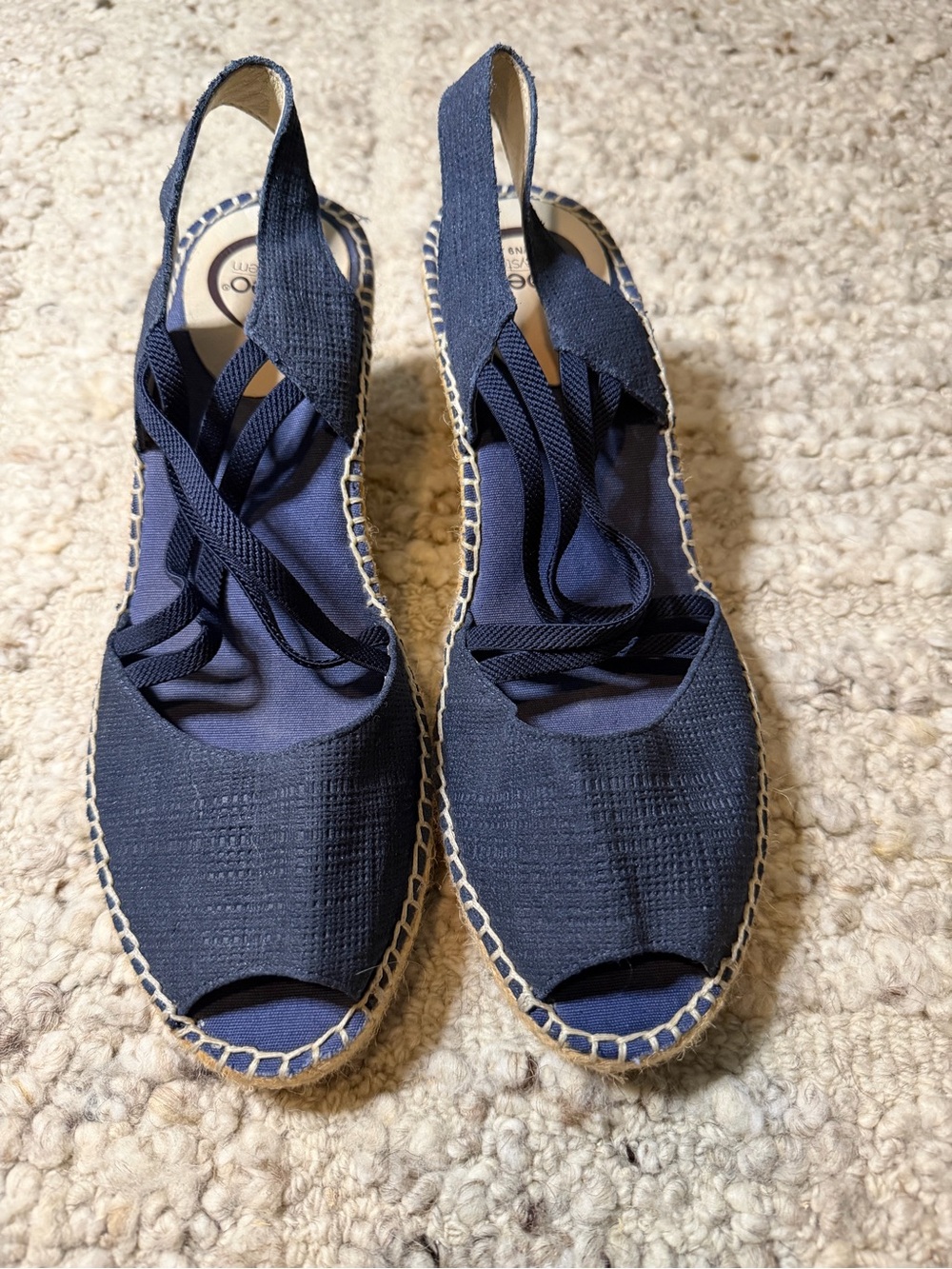 Abeo Navy Espadrille Slingback Wedge with Ankle Wrap